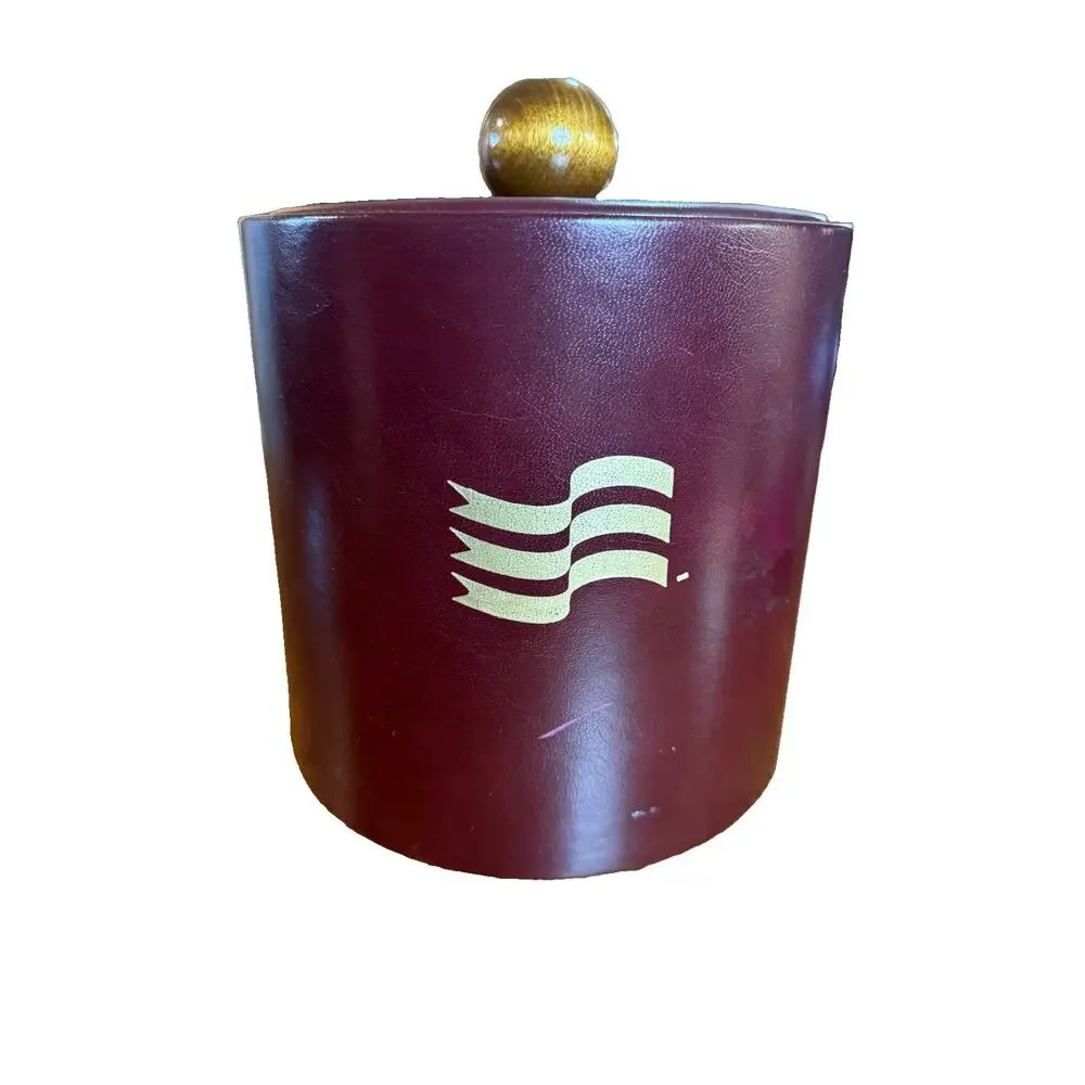 Vintage Kraftware NYC Burgundy Faux Leather Ice Bucket Wood Knob MCM Barware